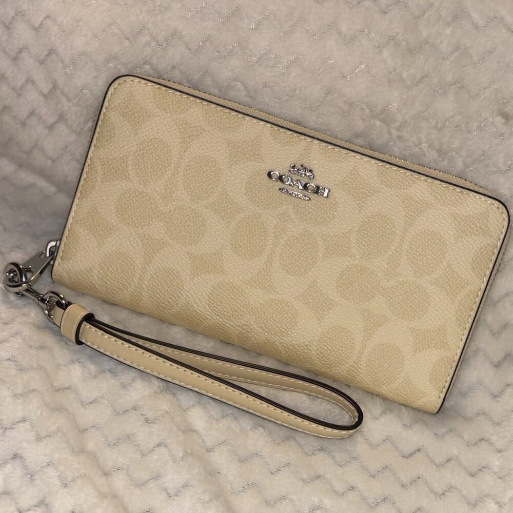 Coach Beige Signature Logo Zip-Around Wristlet Wallet w/ Credit Card Slots
